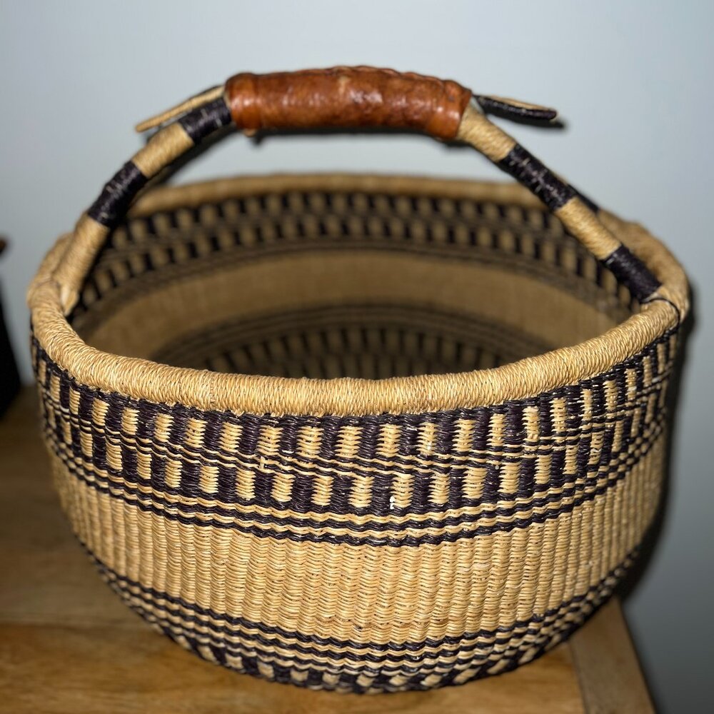 ♥️ Handmade in Ghana  Market Basket LARGE NAVY BLUE LEATHER HANDLE